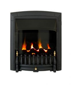 Modern small black metal fireplace with glass screen and gold detailing