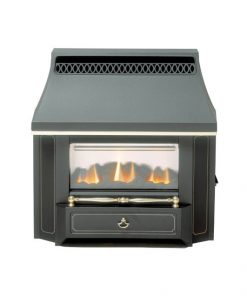 Black metal gas fireplace with gold features