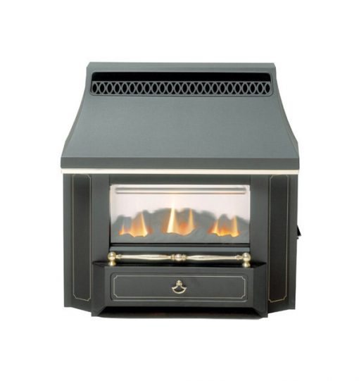 Black metal gas fireplace with gold features