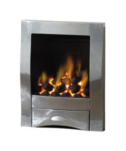 Silver metal modern fireplace with fire alight
