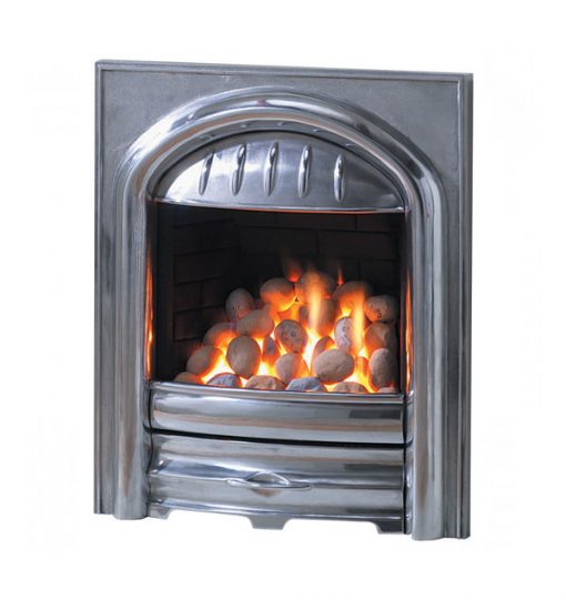 Small metal fireplace with arch detailing