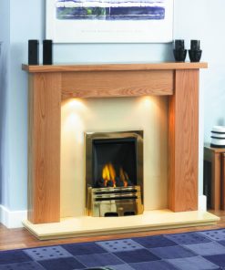 Fireplace insert in gold finish with smart oak surround and LED lighting