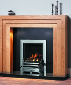 A chrome fireplace insert with modern oak surround