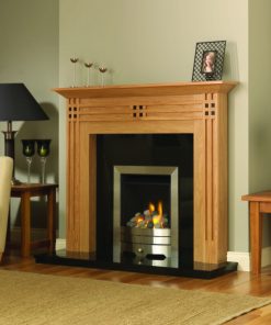 Oak surround with black detailing over simple modern fireplace