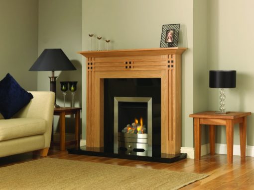 Oak surround with black detailing over simple modern fireplace