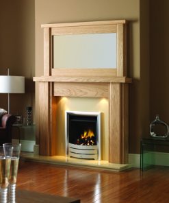 Contemporary oak surround and mirror over modern fireplace insert