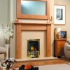 Modest gold fireplace insert with simple timber surround and mirror