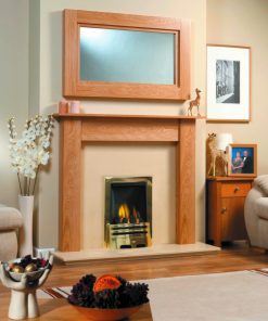 Modest gold fireplace insert with simple timber surround and mirror