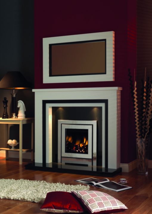 Sophisticated white oak surround above modern metal fireplace