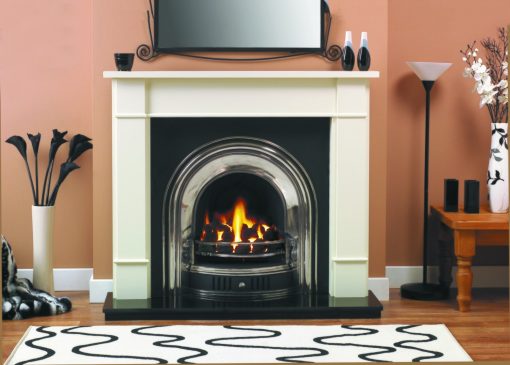 Classic victorian fireplace surround in cream with black and silver fireplace insert