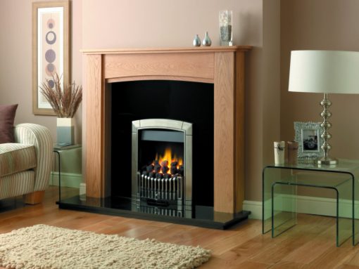 Contemporary fireplace with simple fretting in timber surround