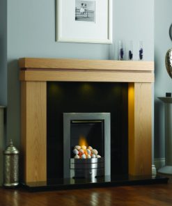 Contemporary timber fireplace surround with sleek metal fireplace insert