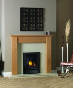 Simple and modern timber mantel over cast iron gas fireplace