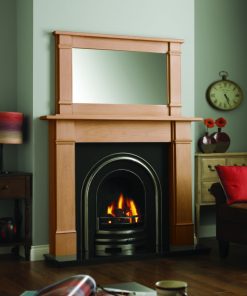 Classic arched fireplace mounted in timber surround with traditional detailing