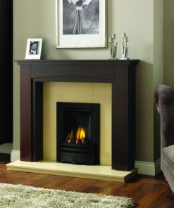 Smart and simple cast iron fireplace with dark wood surround