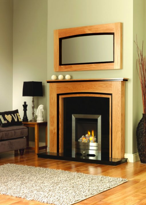 Smart silver fireplace with black and timber surround and separate mirror