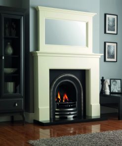 Arched gas fireplace with stylish cream surround and mirror