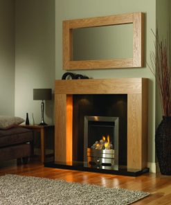 Sophisticated metal fireplace insert in modern home with timber mantel