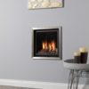 Open plan living scene with wall mounted modern metal fireplace
