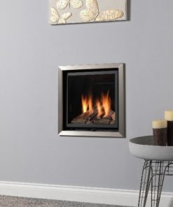 Open plan living scene with wall mounted modern metal fireplace